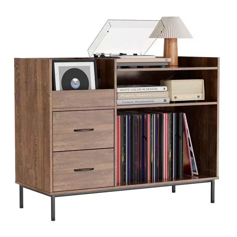 Flip-Top Record Player Stand with Storage, Turntable Shelf & Drawers Sturdy Wood & Metal Audio Media Console