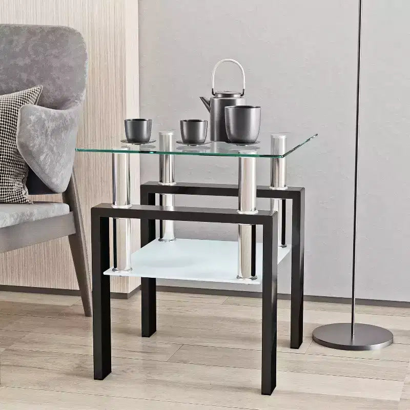 17.72 Transparent Black Tempered Glass Coffee Table, Square 2-Tier End Table with Metal Legs for Living Room Bedroom