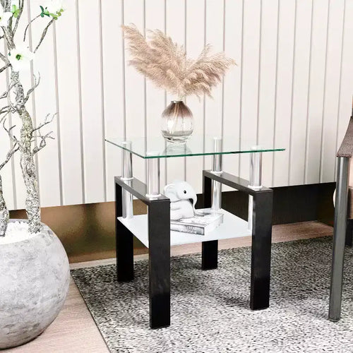 17.72 Transparent Black Tempered Glass Coffee Table, Square 2-Tier End Table with Metal Legs for Living Room Bedroom