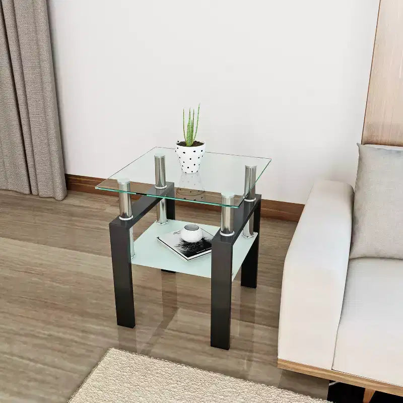 17.72 Transparent Black Tempered Glass Coffee Table, Square 2-Tier End Table with Metal Legs for Living Room Bedroom