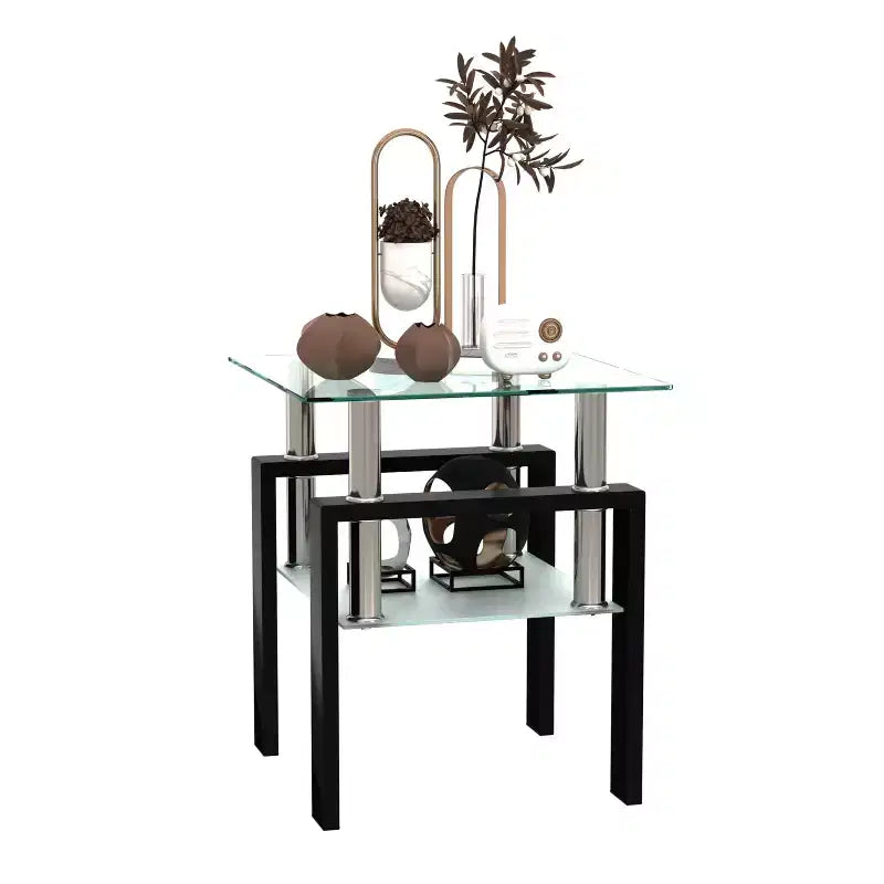 17.72 Transparent Black Tempered Glass Coffee Table, Square 2-Tier End Table with Metal Legs for Living Room Bedroom