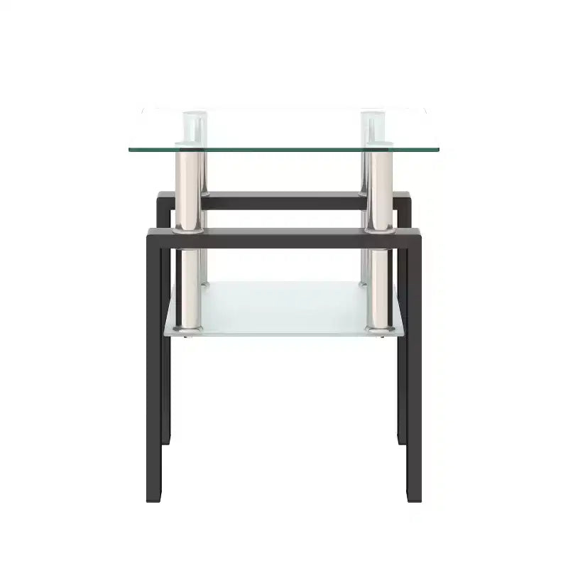 17.72 Transparent Black Tempered Glass Coffee Table, Square 2-Tier End Table with Metal Legs for Living Room Bedroom