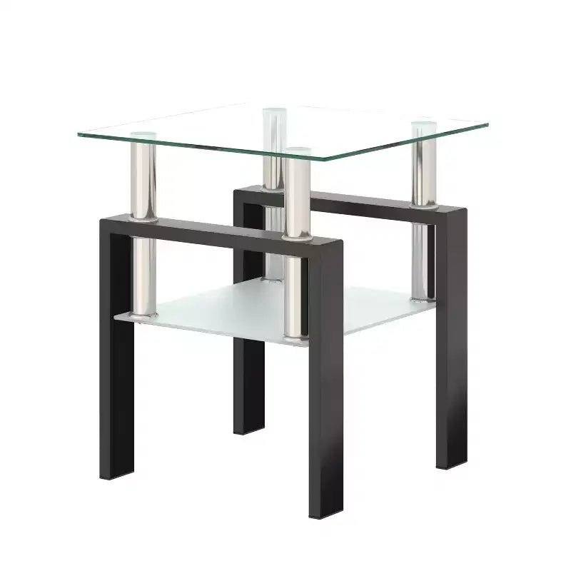 17.72 Transparent Black Tempered Glass Coffee Table, Square 2-Tier End Table with Metal Legs for Living Room Bedroom