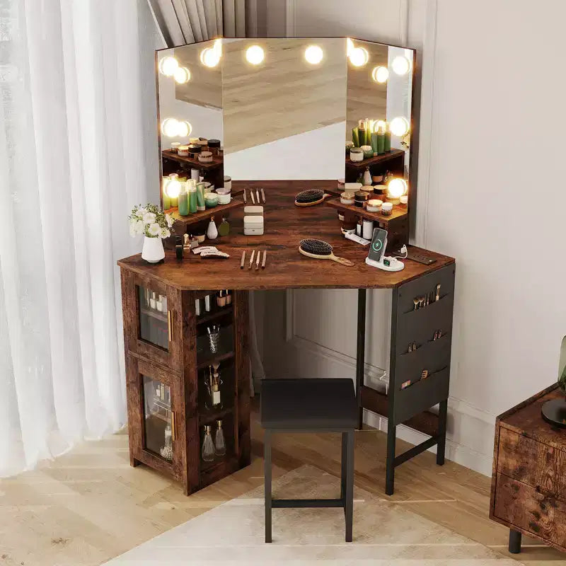 Modern Corner Makeup Vanity with Lighted Mirror & Stool Set, Space-Saving Vanity Desk with Charging Station and Storage Cabinet for Bedroom
