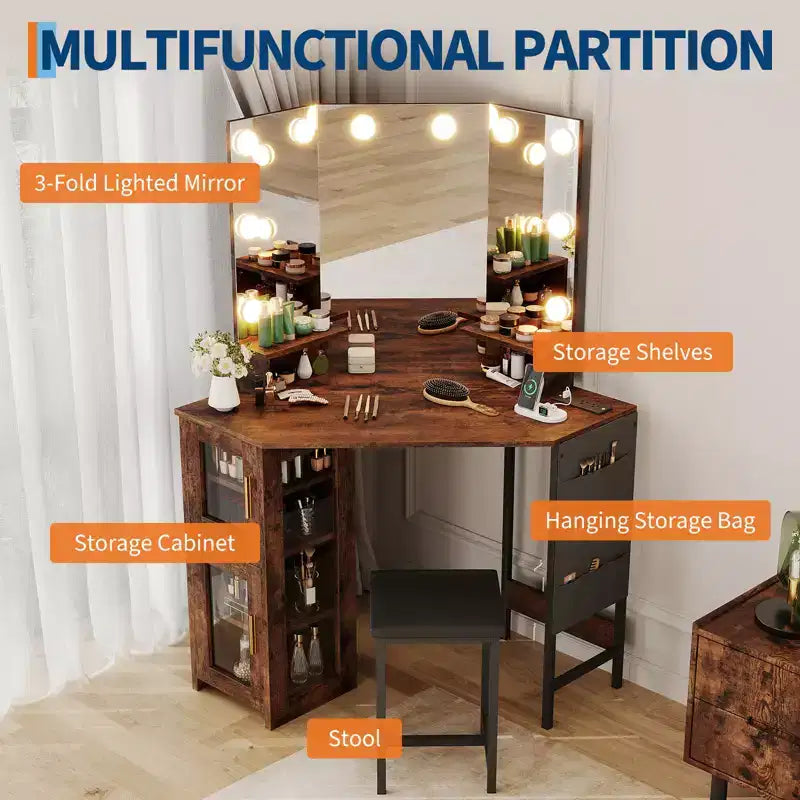 Modern Corner Makeup Vanity with Lighted Mirror & Stool Set, Space-Saving Vanity Desk with Charging Station and Storage Cabinet for Bedroom