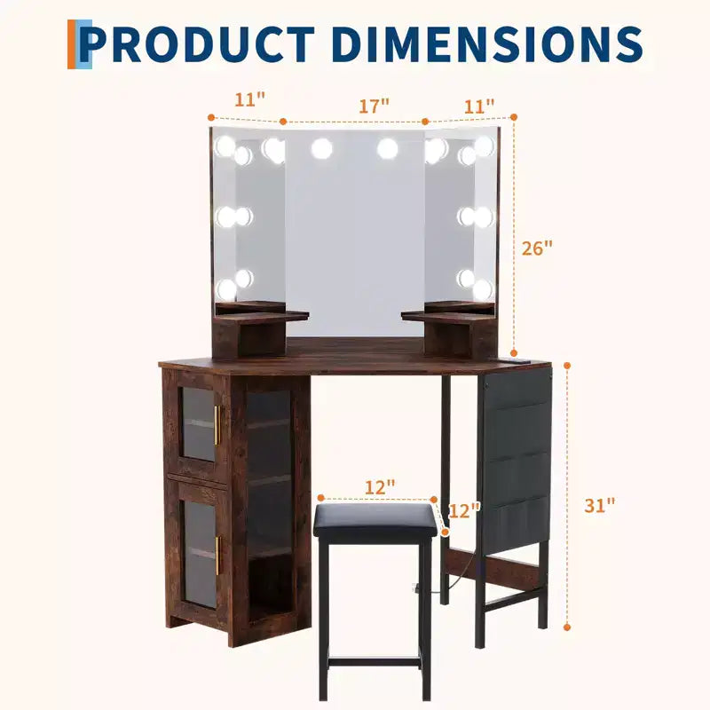 Modern Corner Makeup Vanity with Lighted Mirror & Stool Set, Space-Saving Vanity Desk with Charging Station and Storage Cabinet for Bedroom