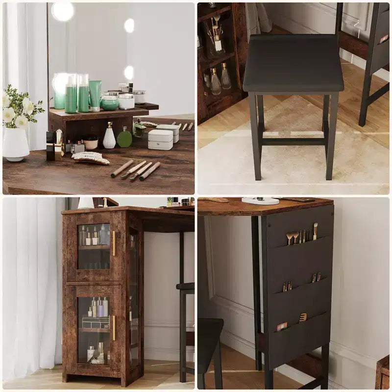 Modern Corner Makeup Vanity with Lighted Mirror & Stool Set, Space-Saving Vanity Desk with Charging Station and Storage Cabinet for Bedroom