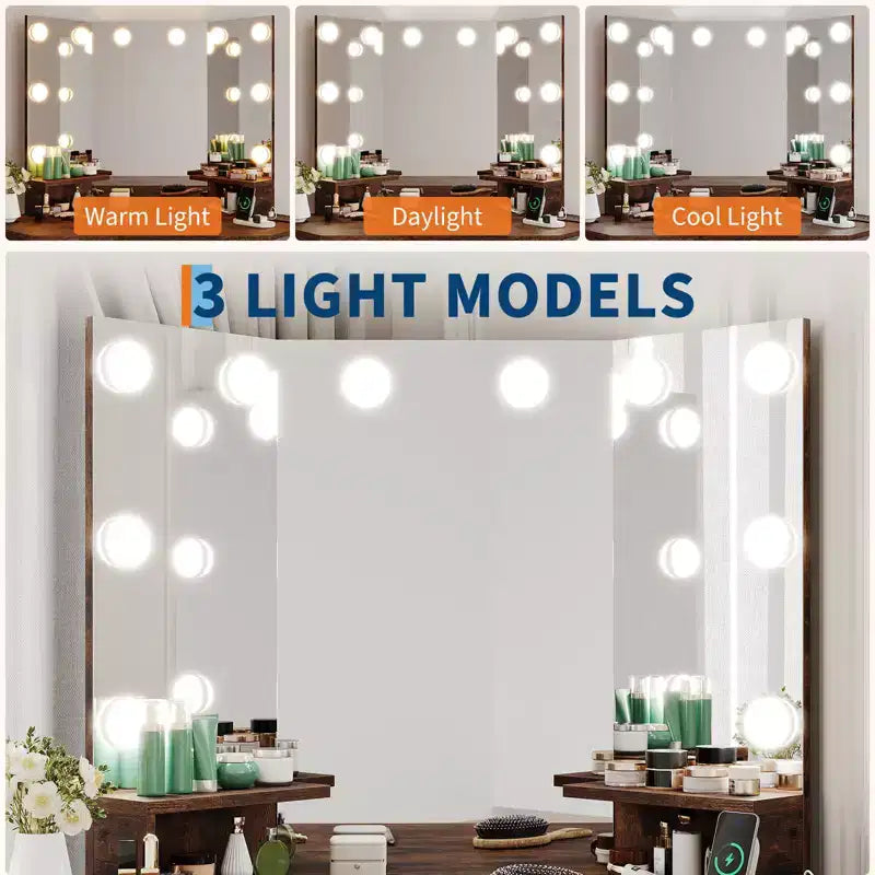 Modern Corner Makeup Vanity with Lighted Mirror & Stool Set, Space-Saving Vanity Desk with Charging Station and Storage Cabinet for Bedroom