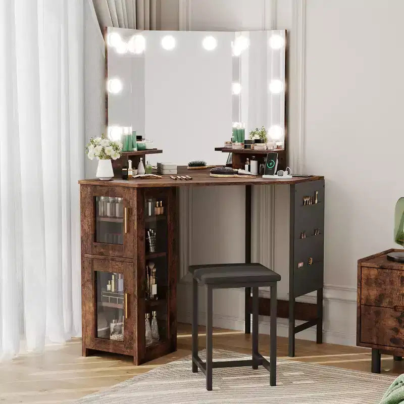 Modern Corner Makeup Vanity with Lighted Mirror & Stool Set, Space-Saving Vanity Desk with Charging Station and Storage Cabinet for Bedroom