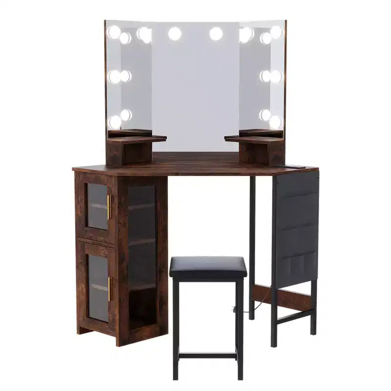 Modern Corner Makeup Vanity with Lighted Mirror & Stool Set, Space-Saving Vanity Desk with Charging Station and Storage Cabinet for Bedroom