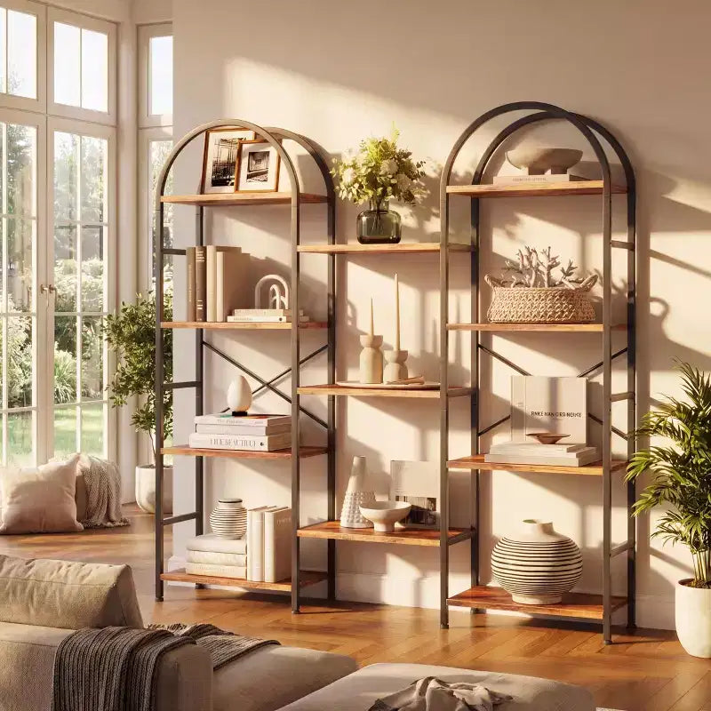 Triple Arched Bookshelf, 4 Tier Freestanding Open Bookcase with Metal Frame, Industrial Display Storage Shelf for Living Room, Home Office