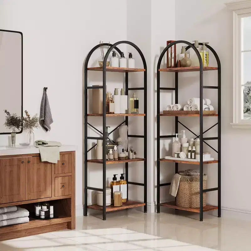 Triple Arched Bookshelf, 4 Tier Freestanding Open Bookcase with Metal Frame, Industrial Display Storage Shelf for Living Room, Home Office