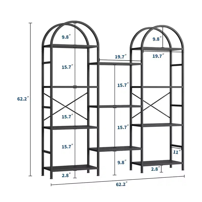 Triple Arched Bookshelf, 4 Tier Freestanding Open Bookcase with Metal Frame, Industrial Display Storage Shelf for Living Room, Home Office