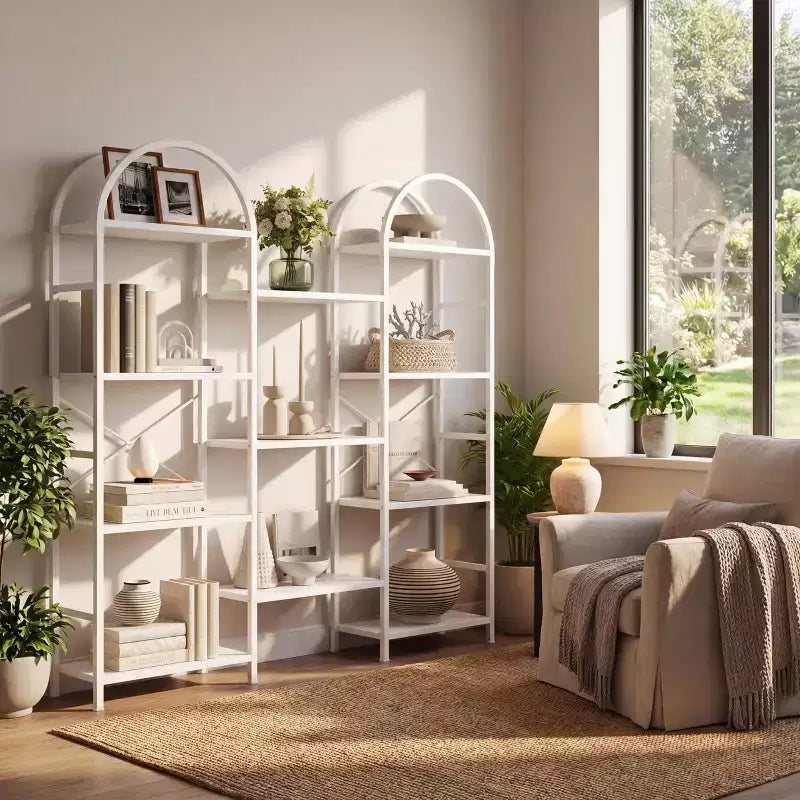 Triple Arched Bookshelf, 4 Tier Freestanding Open Bookcase with Metal Frame, Industrial Display Storage Shelf for Living Room, Home Office