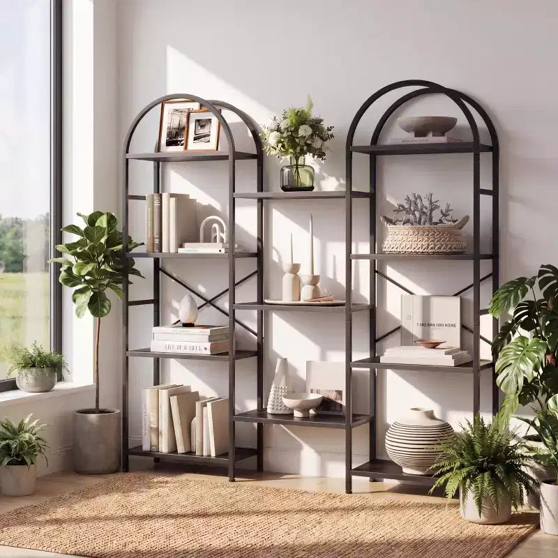 Triple Arched Bookshelf, 4 Tier Freestanding Open Bookcase with Metal Frame, Industrial Display Storage Shelf for Living Room, Home Office