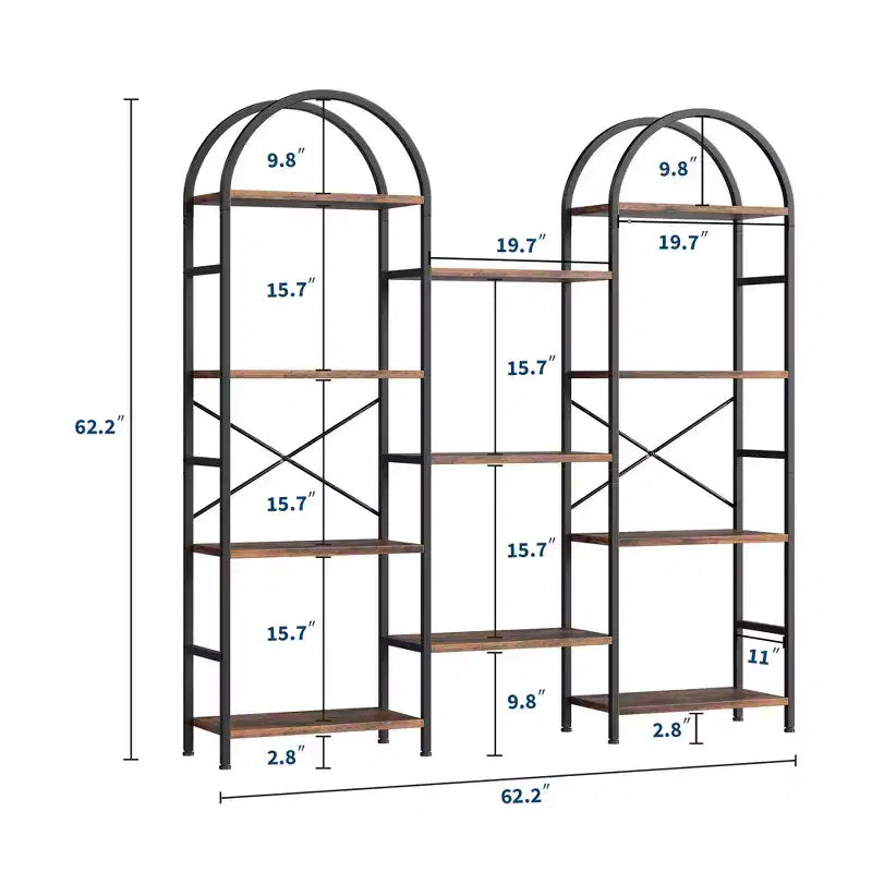 Triple Arched Bookshelf, 4 Tier Freestanding Open Bookcase with Metal Frame, Industrial Display Storage Shelf for Living Room, Home Office