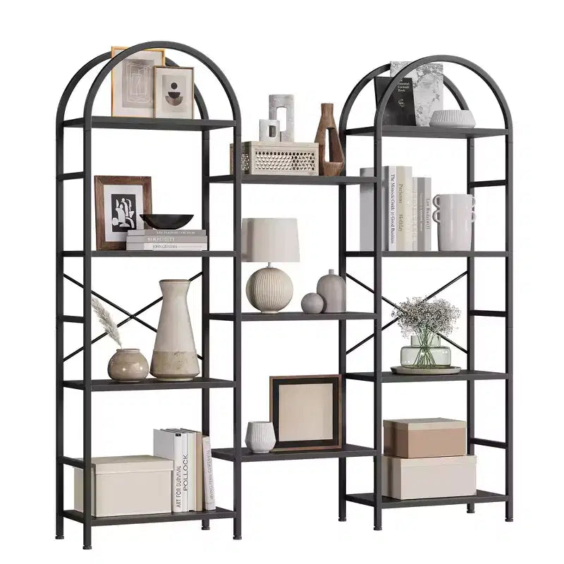 Triple Arched Bookshelf, 4 Tier Freestanding Open Bookcase with Metal Frame, Industrial Display Storage Shelf for Living Room, Home Office