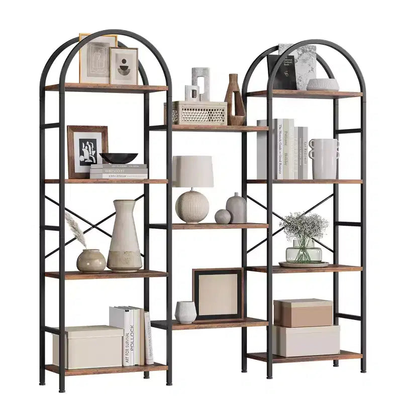 Triple Arched Bookshelf, 4 Tier Freestanding Open Bookcase with Metal Frame, Industrial Display Storage Shelf for Living Room, Home Office