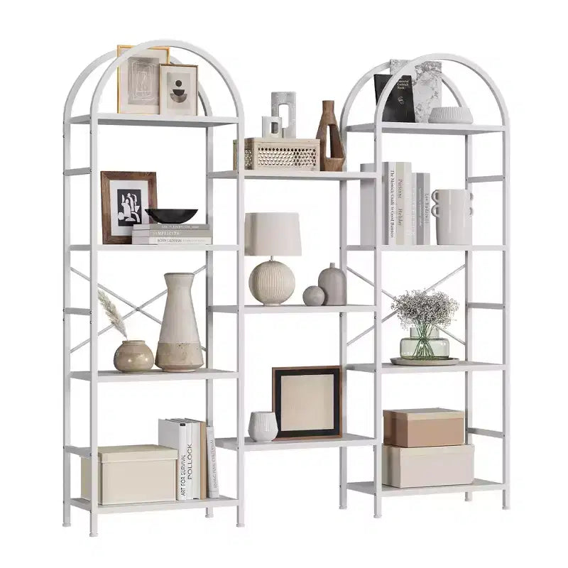Triple Arched Bookshelf, 4 Tier Freestanding Open Bookcase with Metal Frame, Industrial Display Storage Shelf for Living Room, Home Office
