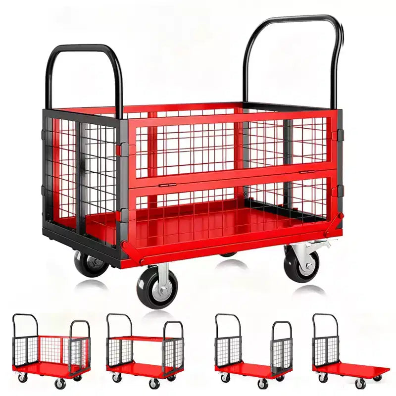 High load capacity 816kg, multi-functional folding trolley - with cage - 360-degree swivel casters - platform truck