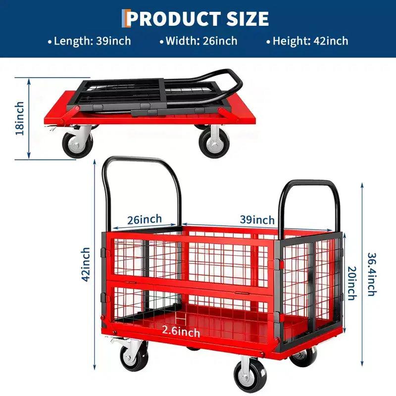 High load capacity 816kg, multi-functional folding trolley - with cage - 360-degree swivel casters - platform truck
