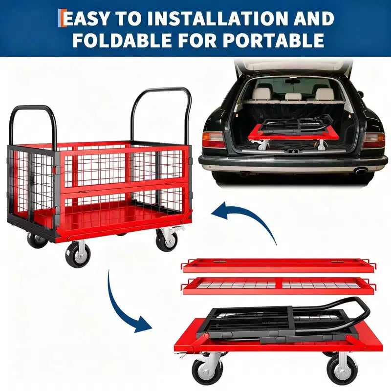 High load capacity 816kg, multi-functional folding trolley - with cage - 360-degree swivel casters - platform truck