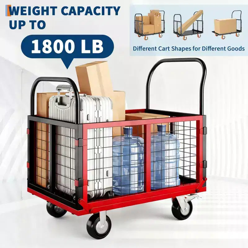High load capacity 816kg, multi-functional folding trolley - with cage - 360-degree swivel casters - platform truck
