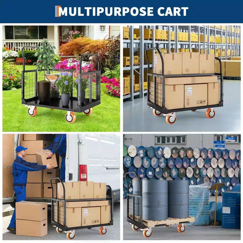High load capacity 816kg, multi-functional folding trolley - with cage - 360-degree swivel casters - platform truck