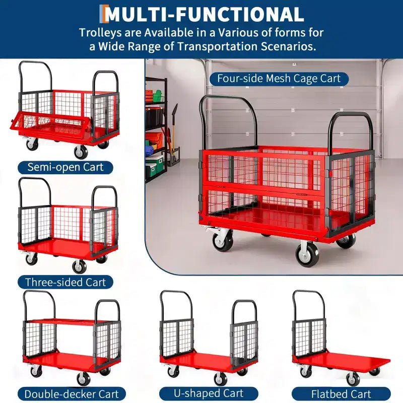 High load capacity 816kg, multi-functional folding trolley - with cage - 360-degree swivel casters - platform truck