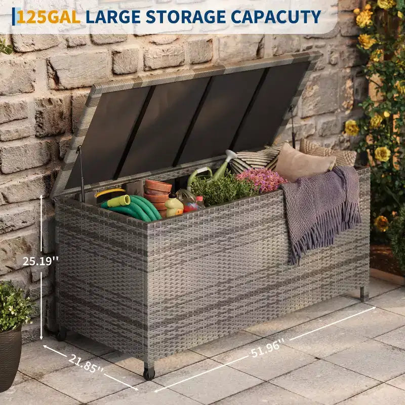 125 Gallon Heavy Duty Outdoor Deck Box with Wheels and Handles, All-Weather PE Rattan Storage Chest, Waterproof Patio and Poolside Organizer