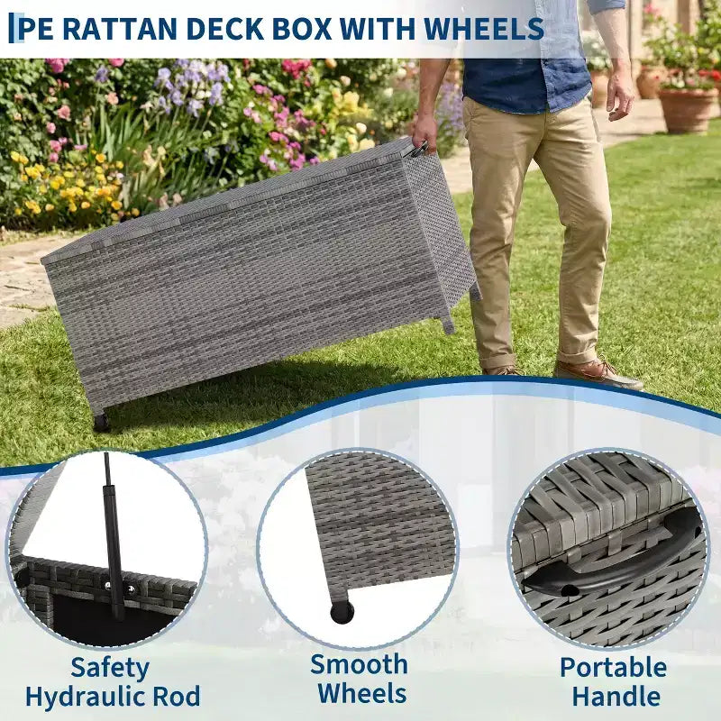 125 Gallon Heavy Duty Outdoor Deck Box with Wheels and Handles, All-Weather PE Rattan Storage Chest, Waterproof Patio and Poolside Organizer