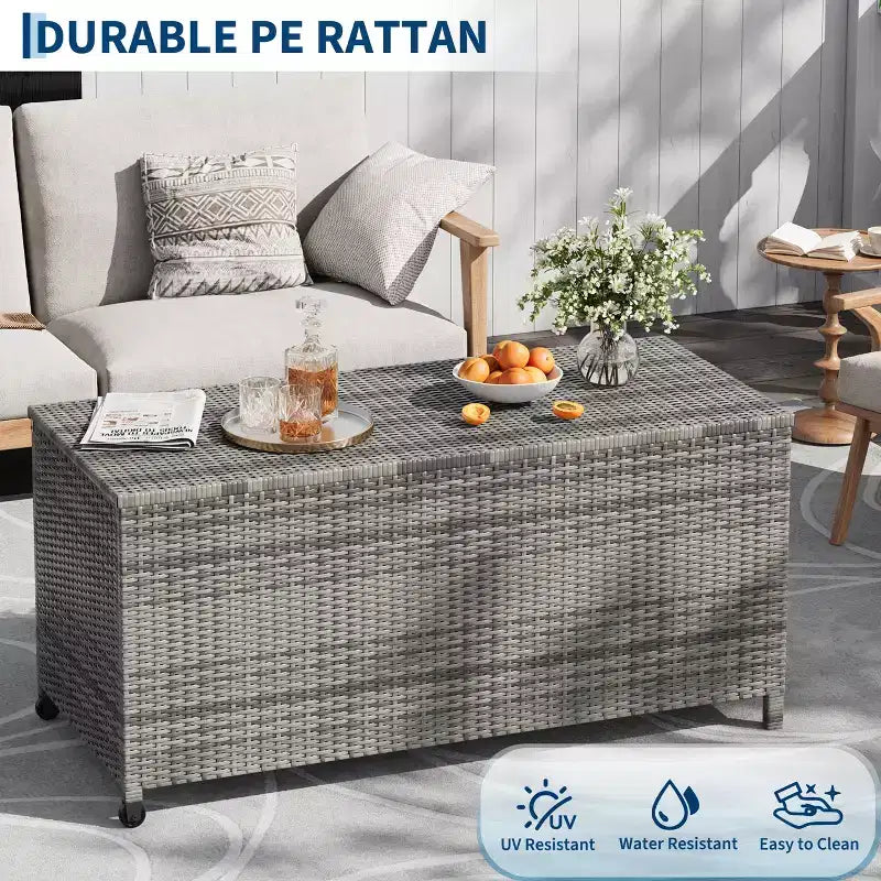125 Gallon Heavy Duty Outdoor Deck Box with Wheels and Handles, All-Weather PE Rattan Storage Chest, Waterproof Patio and Poolside Organizer