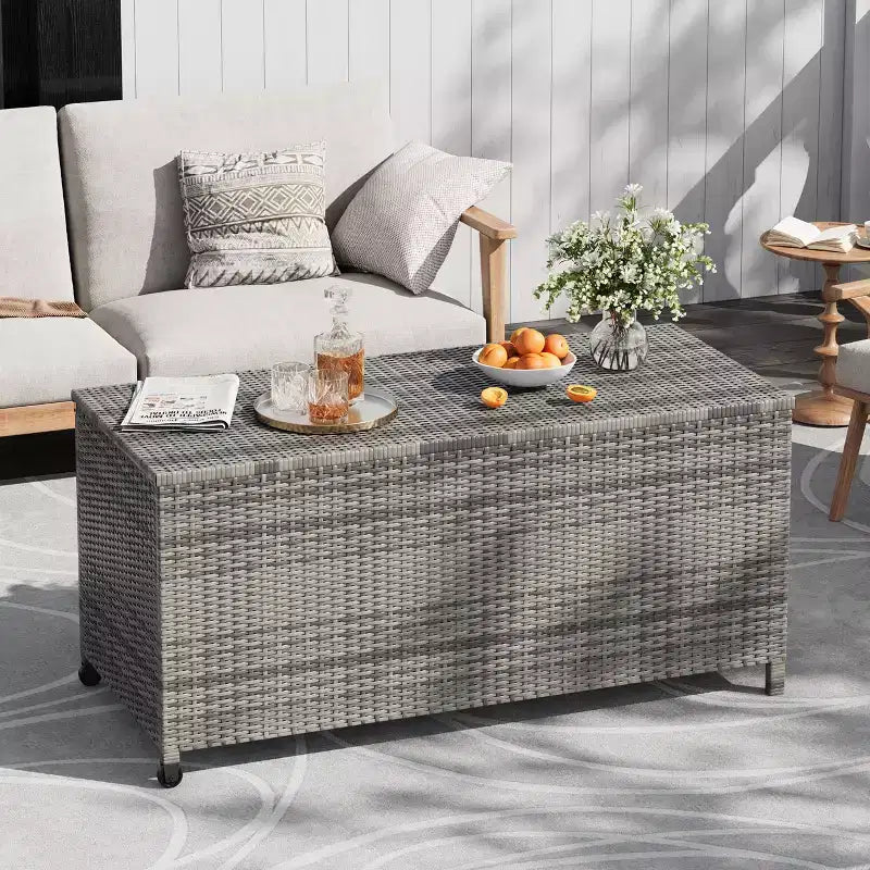 125 Gallon Heavy Duty Outdoor Deck Box with Wheels and Handles, All-Weather PE Rattan Storage Chest, Waterproof Patio and Poolside Organizer