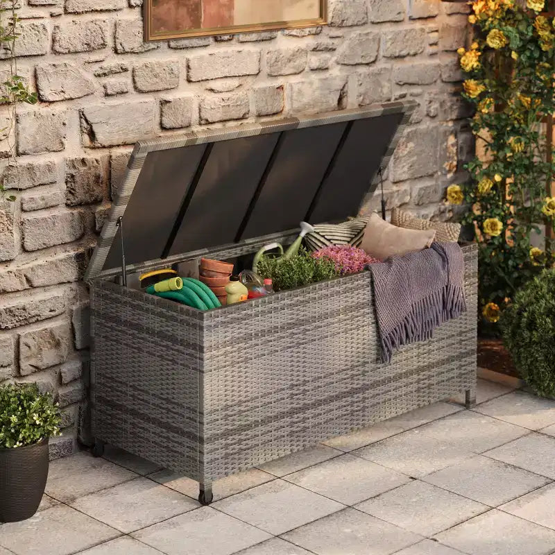 125 Gallon Heavy Duty Outdoor Deck Box with Wheels and Handles, All-Weather PE Rattan Storage Chest, Waterproof Patio and Poolside Organizer
