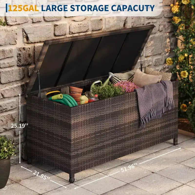 125 Gallon Heavy Duty Outdoor Deck Box with Wheels and Handles, All-Weather PE Rattan Storage Chest, Waterproof Patio and Poolside Organizer