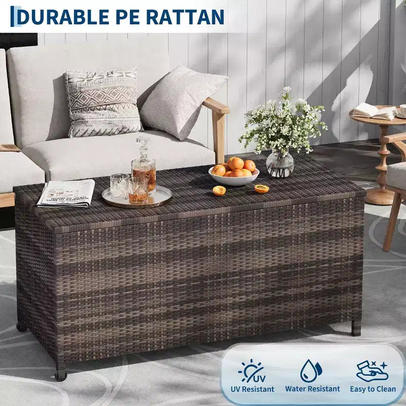 125 Gallon Heavy Duty Outdoor Deck Box with Wheels and Handles, All-Weather PE Rattan Storage Chest, Waterproof Patio and Poolside Organizer