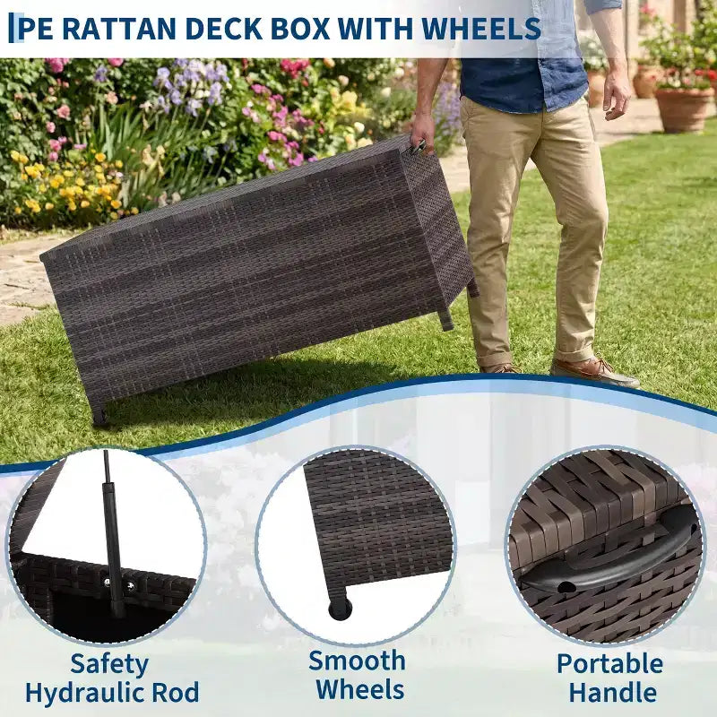 125 Gallon Heavy Duty Outdoor Deck Box with Wheels and Handles, All-Weather PE Rattan Storage Chest, Waterproof Patio and Poolside Organizer