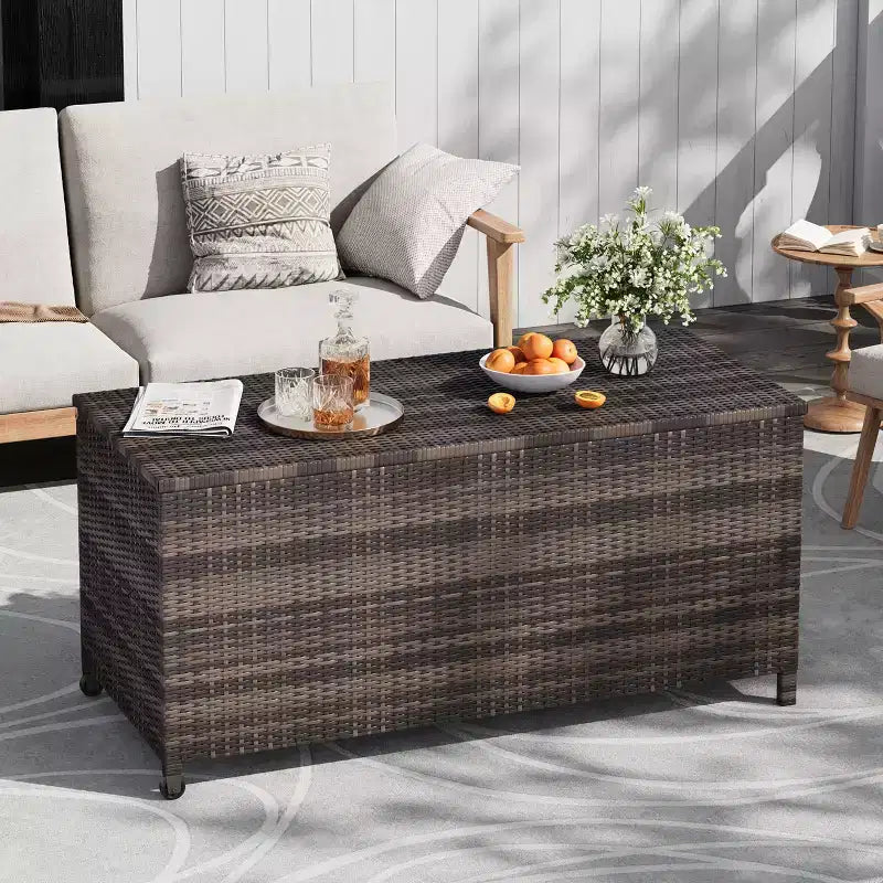 125 Gallon Heavy Duty Outdoor Deck Box with Wheels and Handles, All-Weather PE Rattan Storage Chest, Waterproof Patio and Poolside Organizer