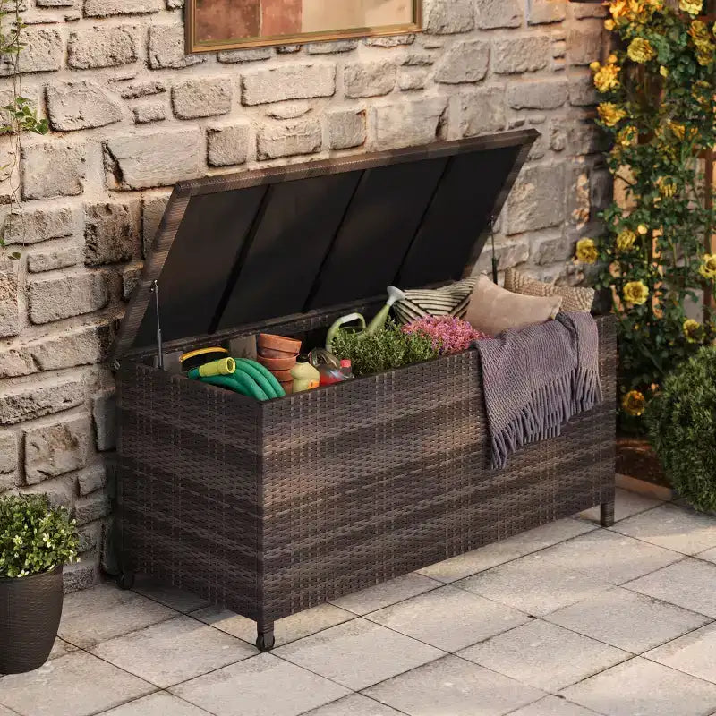 125 Gallon Heavy Duty Outdoor Deck Box with Wheels and Handles, All-Weather PE Rattan Storage Chest, Waterproof Patio and Poolside Organizer