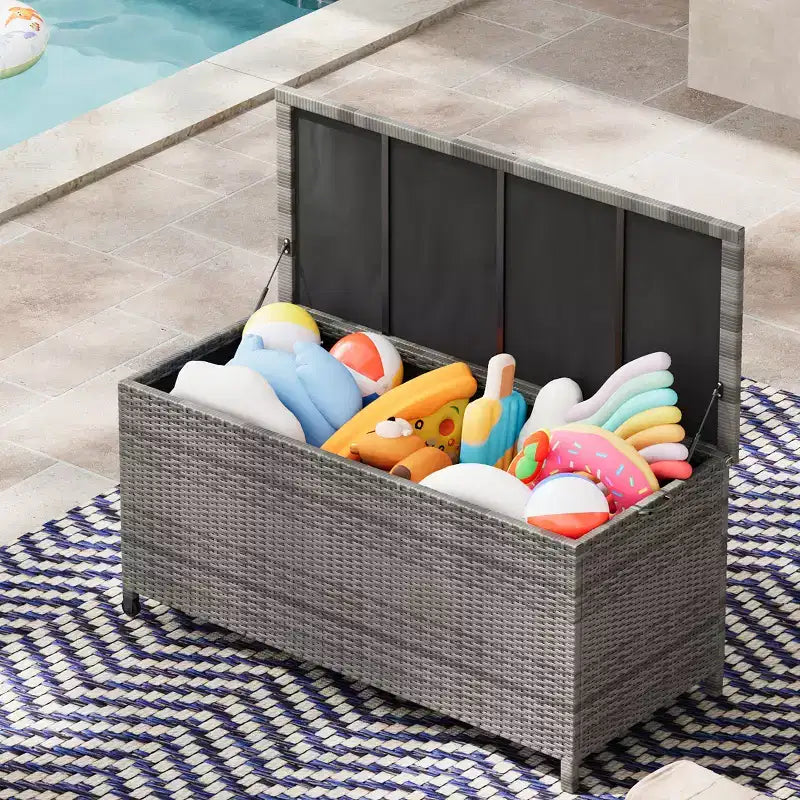 125 Gallon Heavy Duty Outdoor Deck Box with Wheels and Handles, All-Weather PE Rattan Storage Chest, Waterproof Patio and Poolside Organizer