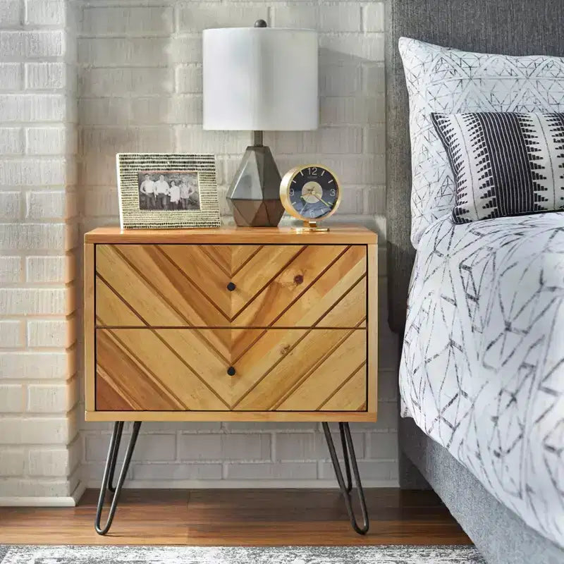 2 Drawer Alexandria Mid Century Modern Nightstand Oak: Mid-Century Modern Bedside Table, Wood Veneer Finish