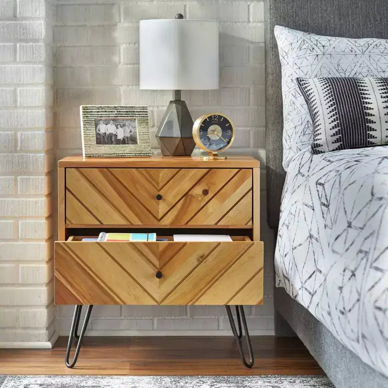 2 Drawer Alexandria Mid Century Modern Nightstand Oak: Mid-Century Modern Bedside Table, Wood Veneer Finish