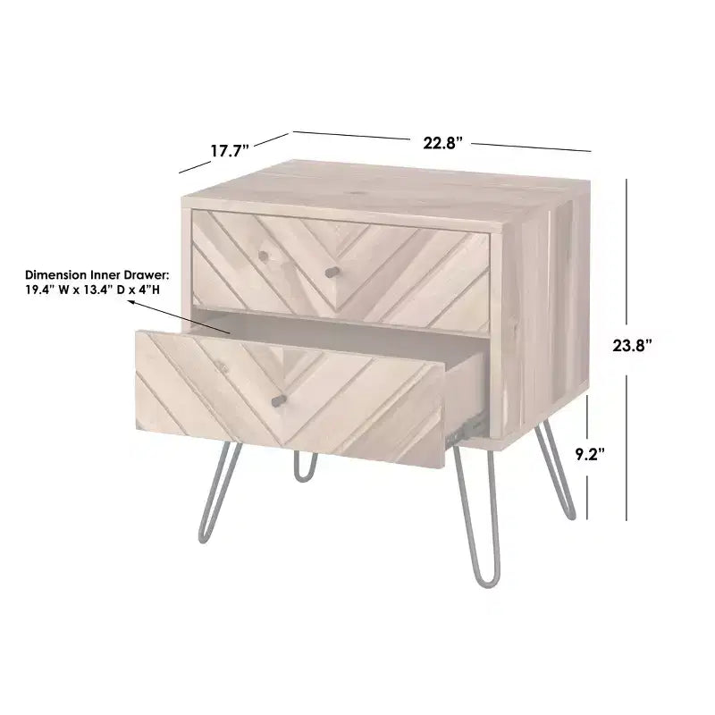 2 Drawer Alexandria Mid Century Modern Nightstand Oak: Mid-Century Modern Bedside Table, Wood Veneer Finish