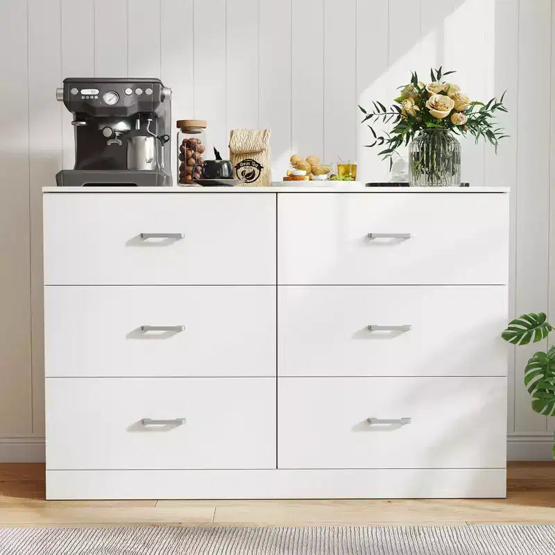 6-Drawer White Wooden Dresser Horizontal Wide Bedroom Storage Furniture