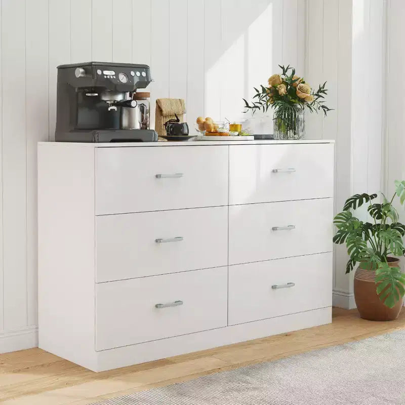 6-Drawer White Wooden Dresser Horizontal Wide Bedroom Storage Furniture