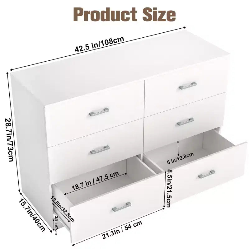 6-Drawer White Wooden Dresser Horizontal Wide Bedroom Storage Furniture