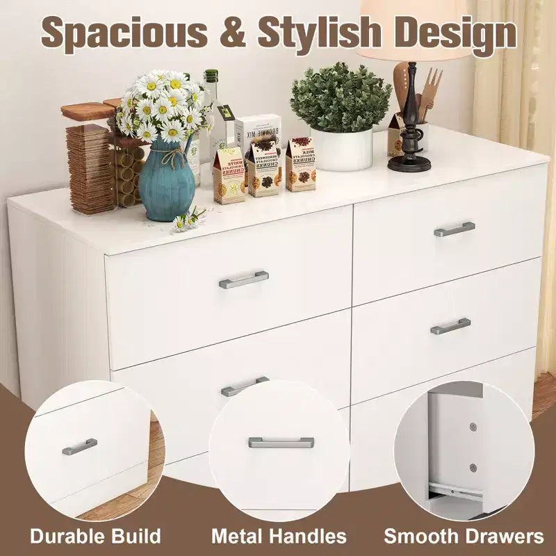 6-Drawer White Wooden Dresser Horizontal Wide Bedroom Storage Furniture