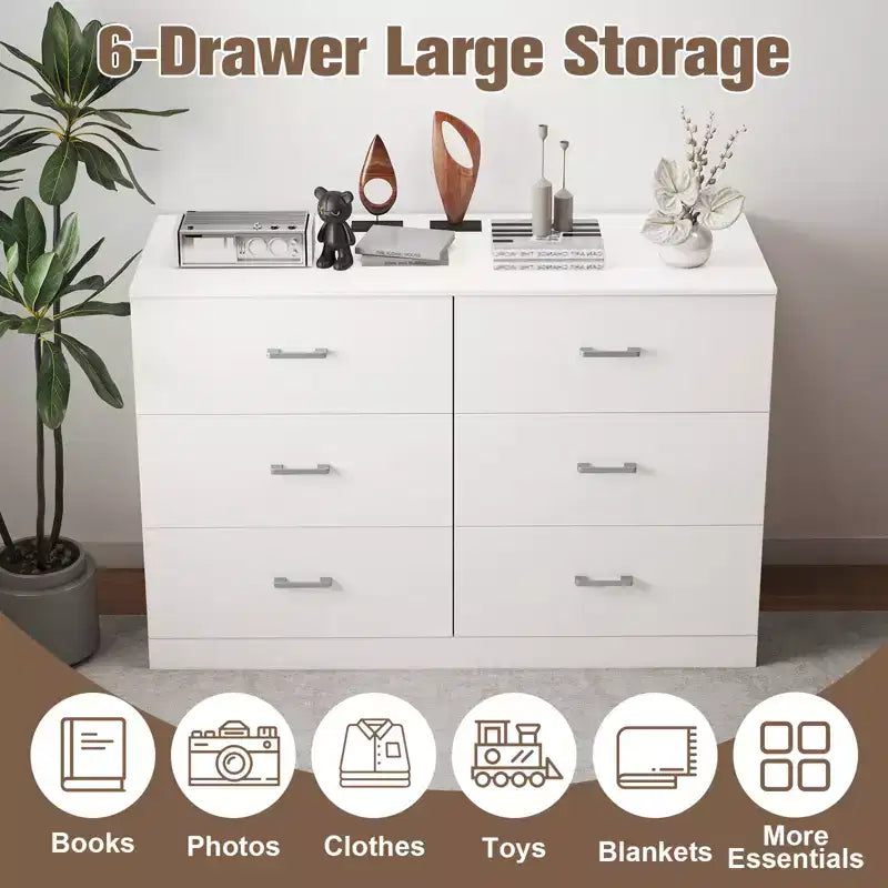 6-Drawer White Wooden Dresser Horizontal Wide Bedroom Storage Furniture