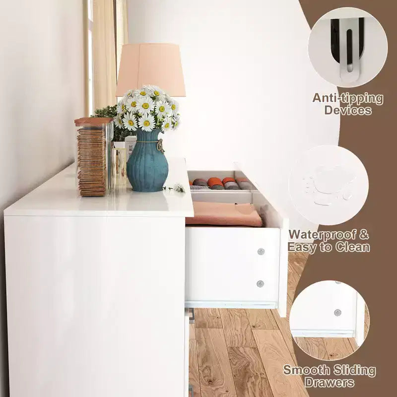 6-Drawer White Wooden Dresser Horizontal Wide Bedroom Storage Furniture