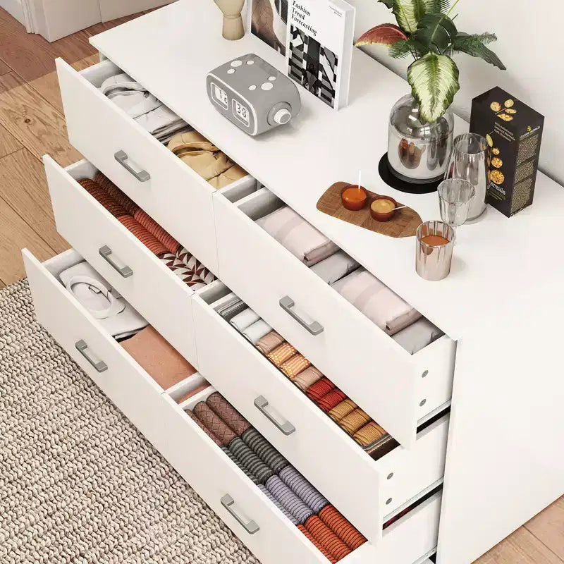 6-Drawer White Wooden Dresser Horizontal Wide Bedroom Storage Furniture